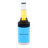 A blue stubby cooler holds a beer bottle, featuring a black top and a logo.