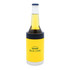 A yellow stubby cooler with a black base, holding a clear bottle. It features a logo.