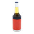 A stubby holder in bright red and black, with a beverage bottle inside. It features a logo on the front.