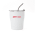 A drink bottle with a white exterior, featuring a clear lid and straw, and has a logo on its side.