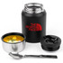 A drink bottle in matte black with a red logo, accompanied by a stainless steel bowl, lid, and spoon.