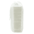 A white pouch containing a stacking puzzle set. The pouch is cinched at the top with a drawstring.