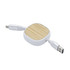 A fast charging cable with a bamboo top and white base, featuring two connectors and a logo.