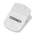 A white magnetic clip with a textured grip and a logo, designed for holding papers or other items.