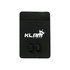 A black silicone phone wallet featuring a logo, designed to attach to the back of a phone for convenience.