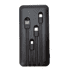 A black power bank with built-in cables for charging devices, featuring a logo on the surface.