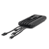 A black power bank with integrated charging cables, featuring USB and USB-C connectors. It has a sleek, compact design.