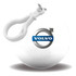 A white ball-shaped rain poncho with a clip attachment and a logo.