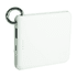 A white power bank with a ring attachment, featuring a USB port and indicator lights.