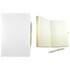 A white recycled notebook with lined pages, accompanied by a pen. The notebook has a branding logo.