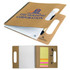 A recycled notebook with a spiral binding, brown cover, and a pen, featuring a logo and sticky notes.