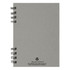 A recycled journal book in grey with a wire binding and a logo indicating recycled materials.