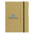 A large A5 journal book in a brown cover with an elastic band closure, featuring a logo.