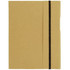 A tan A5 journal book with a black elastic band closure and a simple design, featuring a logo on the front.
