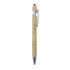 A bamboo pen featuring a chrome clip and stylus tip, designed for writing and touchscreen use.