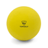 A bright yellow high bounce ball with a logo on one side.