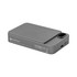 A grey wireless power bank with a sleek design, featuring a logo and a charging port.
