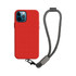 A red phone case with a black and white patterned wrist strap, featuring a metal clip and a logo.