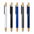 A collection of Abele Bamboo Click Pens in white, black, blue, grey, and a natural bamboo finish, featuring branding.