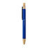 A blue pen with a bamboo clip, featuring a sleek design and a branding logo. Ideal for writing.