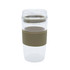 A drink bottle featuring a clear design with a beige silicone band, designed for reusable coffee.