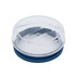 A reusable coffee cup with a clear lid and a dark blue silicone base. It features a branding logo.