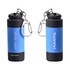 A rechargeable LED torch in blue and black with a carabiner clip and a logo.