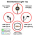 A USB charging cable in black with multiple connectors, featuring a bamboo light-up section and a branding logo.