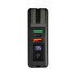 A black and green power bank with USB ports, digital display, and a logo.