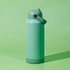 A drink bottle in a mint green colour with a handle and a screw-on lid, featuring a logo.