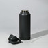 A drink bottle in matte black with a silver rim, featuring a detachable lid and a straw.