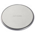 A round, silver fast wireless charger with a smooth surface. The charger features a branding logo in the centre.