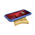 A blue wireless charging stand with a wooden base and a smartphone positioned on top, displaying a charging icon.