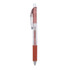 A gel ink pen with a transparent barrel, featuring a pink-red grip and a silver clip. It has a logo on the barrel.