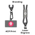 A black lanyard with a carabiner clip and a tag, featuring a branding logo and decorative print.