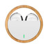 White TWS earbuds housed in a circular bamboo case, featuring a single green indicator light.