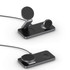 A black 15W 3-in-1 magnetic wireless charging station with a sleek design for various devices. It features a stand and multiple charging pads.