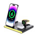A black wireless charger with a phone, AirPods, and a smartwatch, featuring charging indicators and a logo.