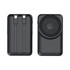 A black 10,000 mAh wireless power bank with dual connectors and a circular charging area. Features a logo.