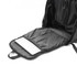 A black computer backpack with a padded compartment and multiple storage pockets, featuring a logo.