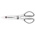 Kitchen scissors in white with grey handles, featuring a logo. Designed with a magnetic holder for easy storage.