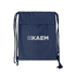 A navy drawstring bag with a logo prominently displayed in the centre.