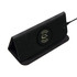 A black foldable magnetic wireless charging mouse pad with a sleek design and a logo on the surface.