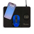 A black foldable wireless charging mouse pad with a blue mouse and a smartphone placed on it, featuring a logo.