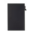 A black RFID case with a sleek design and a side clip for easy access. It features a minimalist style with a logo.