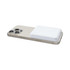 A smartphone in a light colour with a white magnetic wireless power bank on its back, featuring rounded edges.
