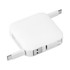 A white retractable fast charge cable with two connectors, featuring a compact, square design and a branding logo.