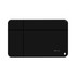 A black tracking tag with a sleek design, featuring a logo and a hole for attachment.