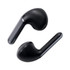 Black true wireless earbuds with a sleek design and a shiny finish, featuring a logo on the side.