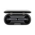 A pair of black true wireless earbuds stored in a black charging case with a silver hinge.